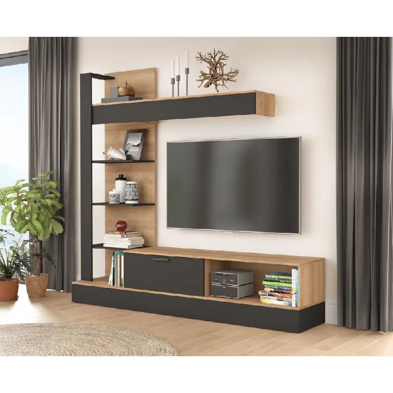 Selecție de top - Mobilier de perete living, stejar Riviera / negru, GELUZA