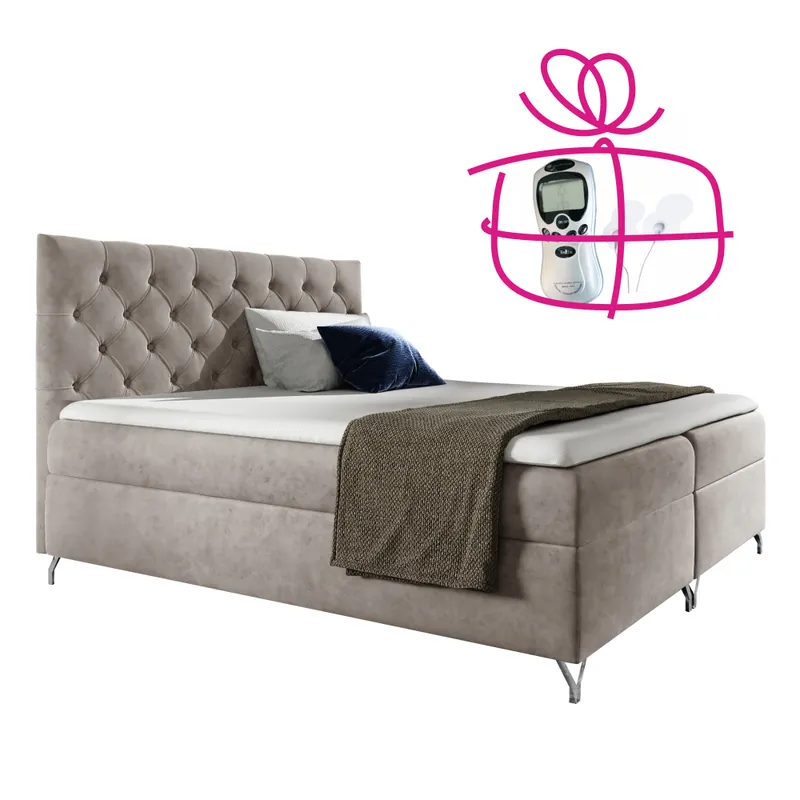 Premium - Pat cu boxspring, 120x200, ţesătură gri-bej Taupe Velvet, GULIETTE + cadou