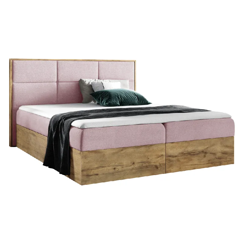 Direct de la producător - Pat Boxspring, 140x200, ţesătură roz Kronos/stejar lancelot, WOOD 2