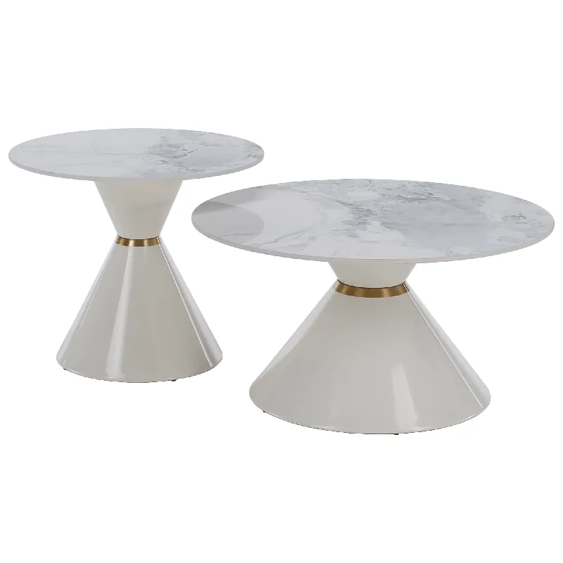 Noutate în catalog | Măsuţe de cafea, set de 2, marmură albă/albă/auriu, metal, MABUZ NEW