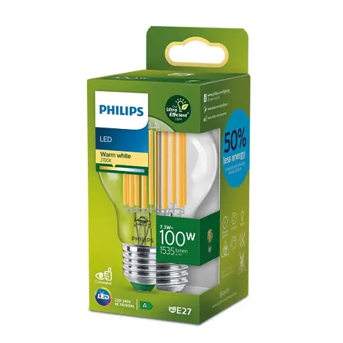 Bec LED cu filament Philips Ultra Efficient, A60, E27, 7.3W (100W), 1535 lm, lumina calda (2700K), Clasa nergetica A | Disponibil acum