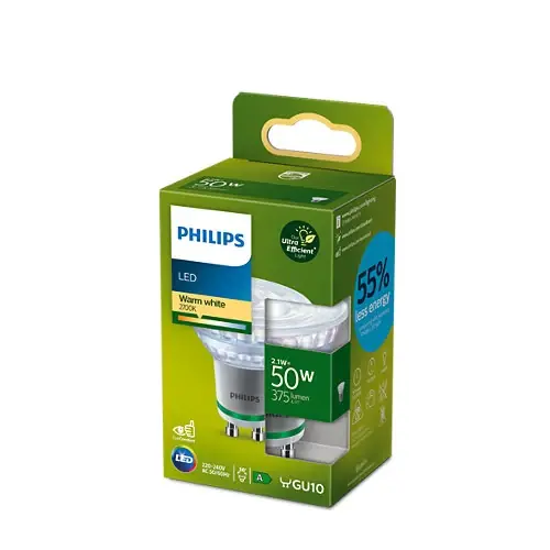 Recomandarea clienților - Bec LED spot Philips Ultra Efficient, GU10, 2.1W (50W), 375 lm, lumina calda (2700K), Clasa energetica A