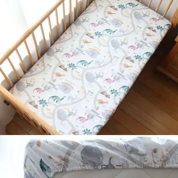 Cearceaf pentru pătuț 130 x 70 cm Cearceaf din bumbac elastic cu margine elastică Cearceaf respirabil cu dinozauri | Reducere specială