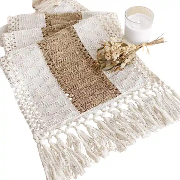 Calitate superioară - Bucle boho pentru masă 30x140 cm Stil rustic din in cu ciucuri Macramé sac și bumbac Casă de fermier decor de vară nuntă sărbătoare