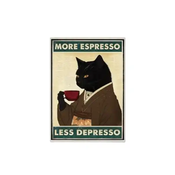 Poster 30x40 cm Pisică neagră cu espresso Mai mult espresso Mai puțin depresso Artă retro în stil japonez Decor de bucătărie sau cafenea - Promoție specială