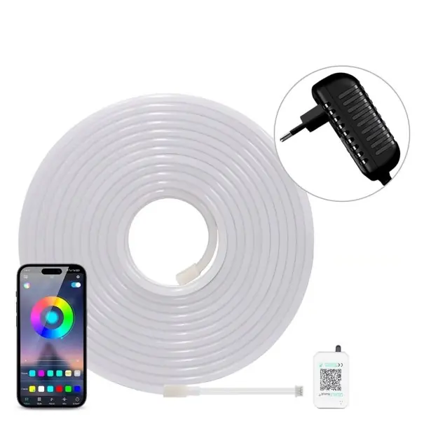 Produs recomandat - Bandă de lumină LED neon 5 m 24 V Bluetooth Control mobil Sincronizare cu muzică RGB Iluminare flexibilă pentru interior și petrecere