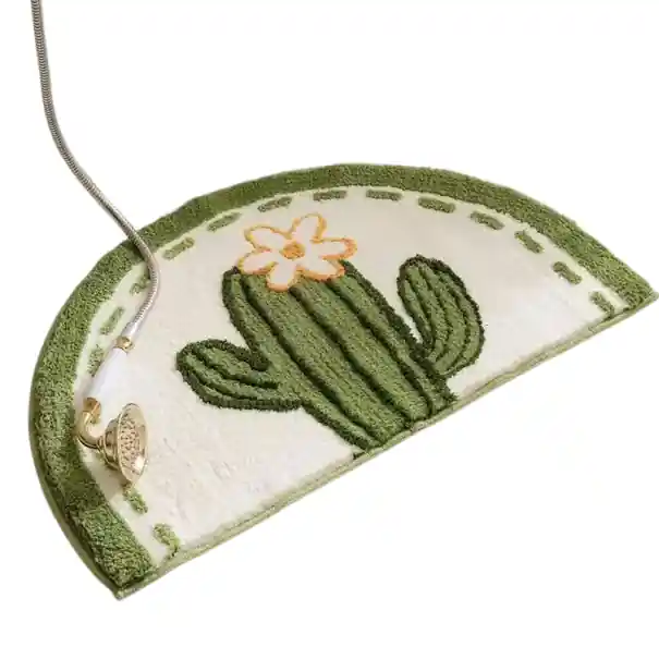 Pătură semicirculară pentru baie cu cactus și floare, 50 x 80 cm, design din pluș alb-verde pentru intrarea în baie | Comandă online