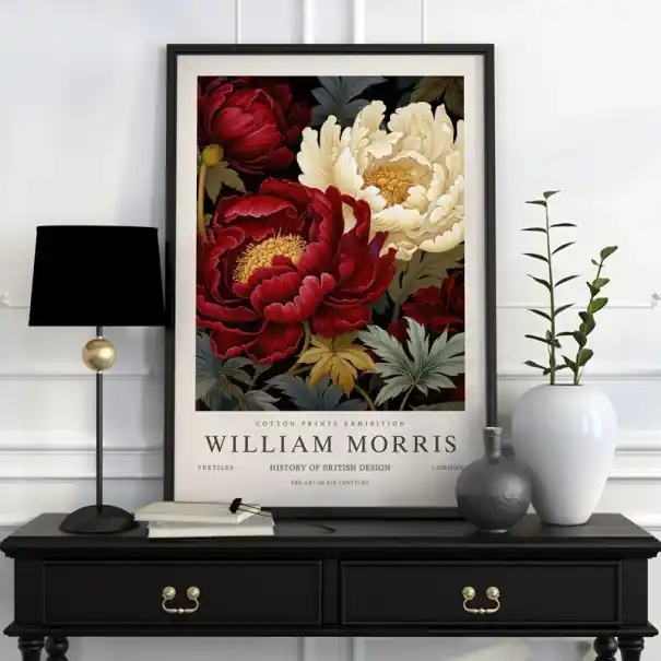 Ofertă pentru o perioadă limitată - Plakát cu motiv floral botanic William Morris 40x60 cm pânză din poliester decor roșu-alb pentru perete în interior