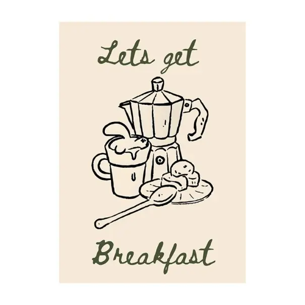 Plakát decorativ pentru perete cu motiv de mic dejun Let‘s get breakfast 40 × 50 cm imprimare pe pânză decorare bej pentru bucătărie și cafenea fără ramă | Ultimele zile