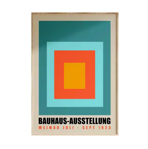 Plakat modern pentru perete 40 x 60 cm imagine geometrică Bauhaus turcoaz cu accente portocalii cuburi tipărit pe pânză fără ramă decorare - Preț bun