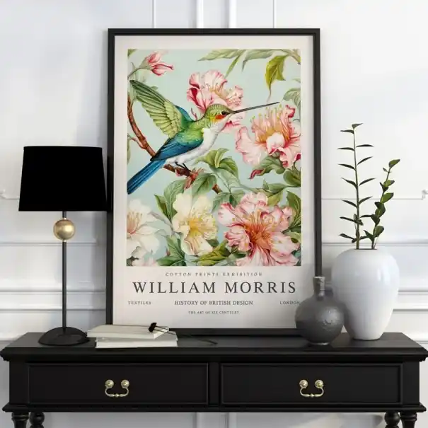 Plakát William Morris cu colibri și motiv floral 50x70 cm pânză din poliester decorare perete multicolor | Ofertă excelentă
