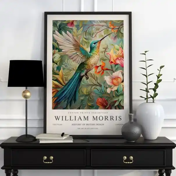 Plakát William Morris motiv botanic cu colibri și flori 40x60 cm pânză din poliester decorare colorată pentru perete | Ofertă avantajoasă