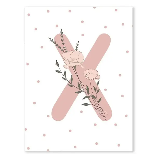 Selecție de top | Poster de perete 50 x 70 cm Litera "X" florală roz Imagine pe pânză fără ramă Decorațiune minimalistă pentru camera fetelor