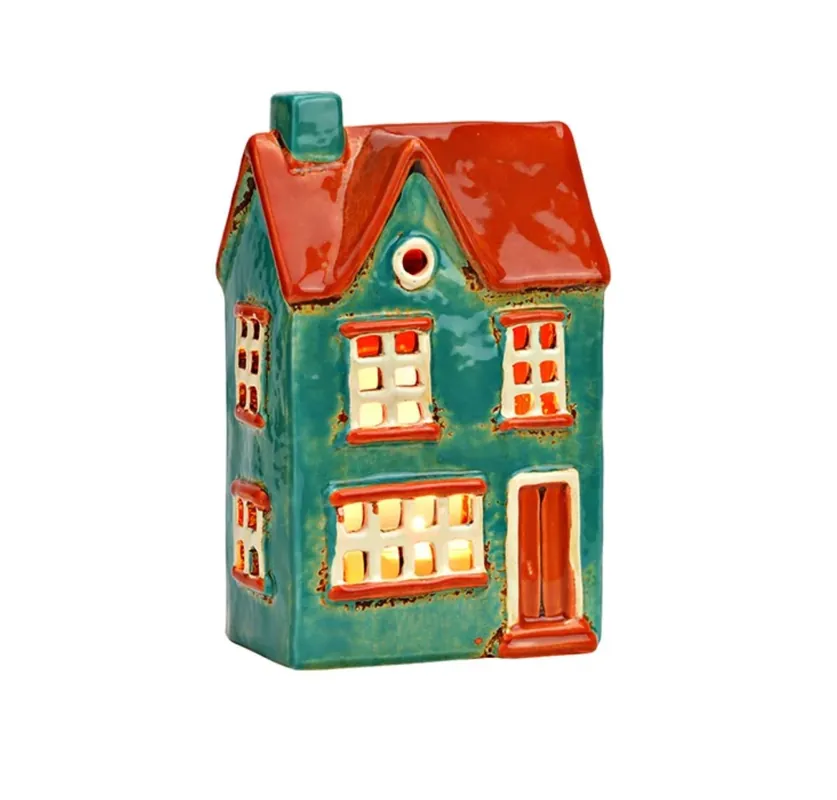Alegerea clienților | Decoratiune casuta ceramica, cu suport lumanare, verde/rosu, 12x19x8 cm
