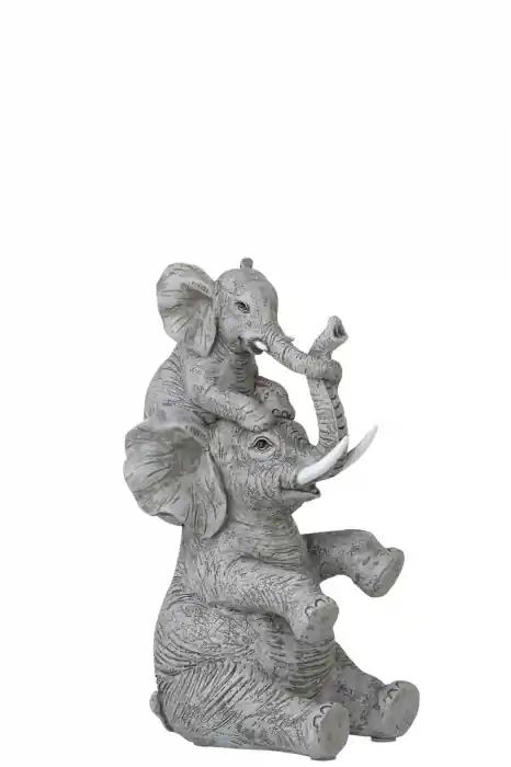 Alegerea clienților | Decorațiune elefant cu pui din policompozit gri pentru living sau birou 13 x 11 x 23.5 cm