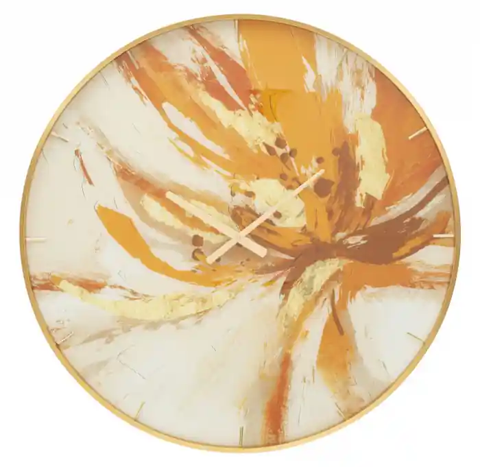 Reducere specială | Ceas de perete portocaliu din MDF pictat cu rama aurie Toply 80 x 80 x 5 cm
