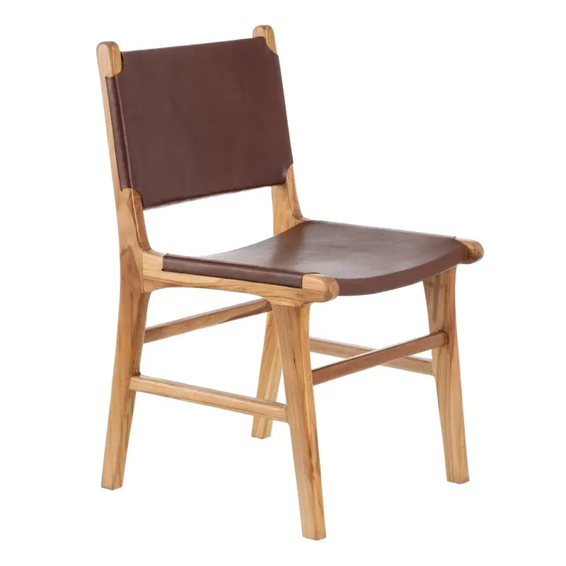 Alegerea clienților - Scaun dining din lemn de tec și piele naturală cognac 50 x 52 x 83 cm