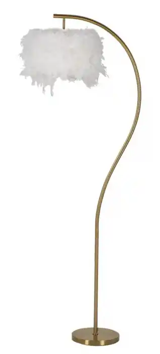 Produs lansat recent | Lampă de podea albă și aurie cu abajur din pene și braț arcuit Semi Arc 60 x 33 x 170 cm