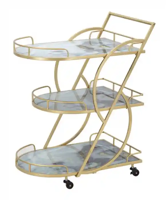 Cărucior de servire auriu cu 3 rafturi din sticla marmorata 71x45,5x84,5 cm - Până la epuizarea stocului