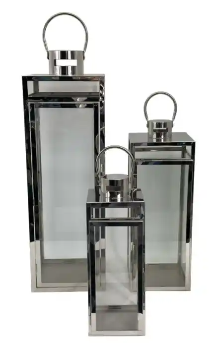 Reducere specială - Set de 3 Felinare moderne argintii Silver 22x22,5x70,5-18x18,5x50-14x14,5x38 cm