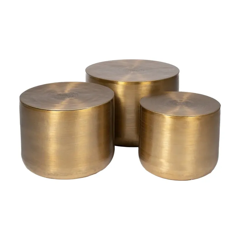 Comandă azi | Set de 3 masute laterale aurii metalice cu aspect antichizat si depozitare 58,5x58,5x41,9 cm