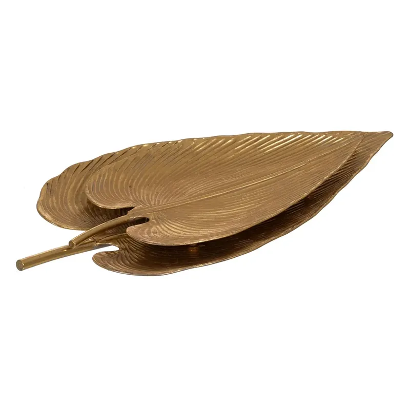Set 2 platouri mari decorative frunze aurii din metal 72,50 x 36,50 x 5 cm | Profită acum