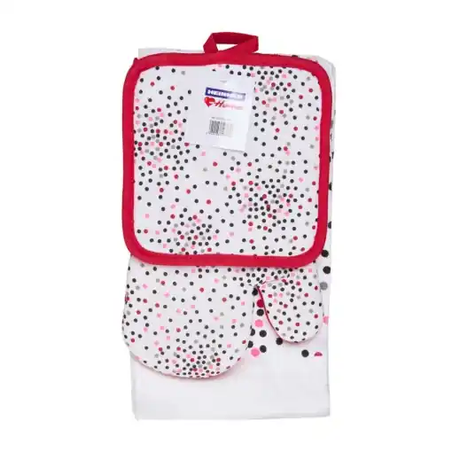 "Set bucatarie format din 3 piese Dots Setul contine 1 prosop de bucatarie 38X63 cm,65Gr/buc 1 manusa de bucatarie 17X27 cm 1 suport oala 18X18 cm Material 100% Bumbac " | Ofertă online