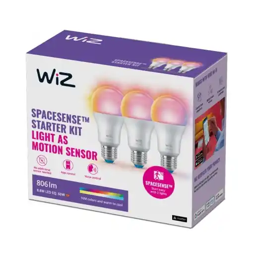 3 Becuri LED RGB inteligente WiZ Connected Colors A60, Wi-Fi, E27 ,8.8W(60W), 806 lm, lumina alba si color (2700-6500K), compatibilGoogleAssistant/Alexa/Siri - Produs nou